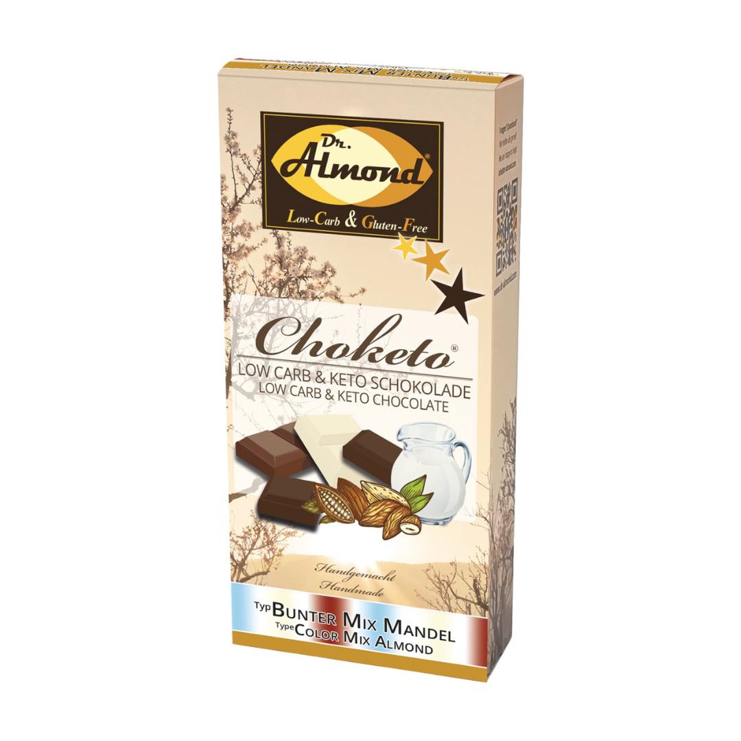 CHOKETO Low Carb & Keto Schokolade Bunter Mix MANDEL – 3 Tafeln – handgemacht – ohne Zuckerzusatz