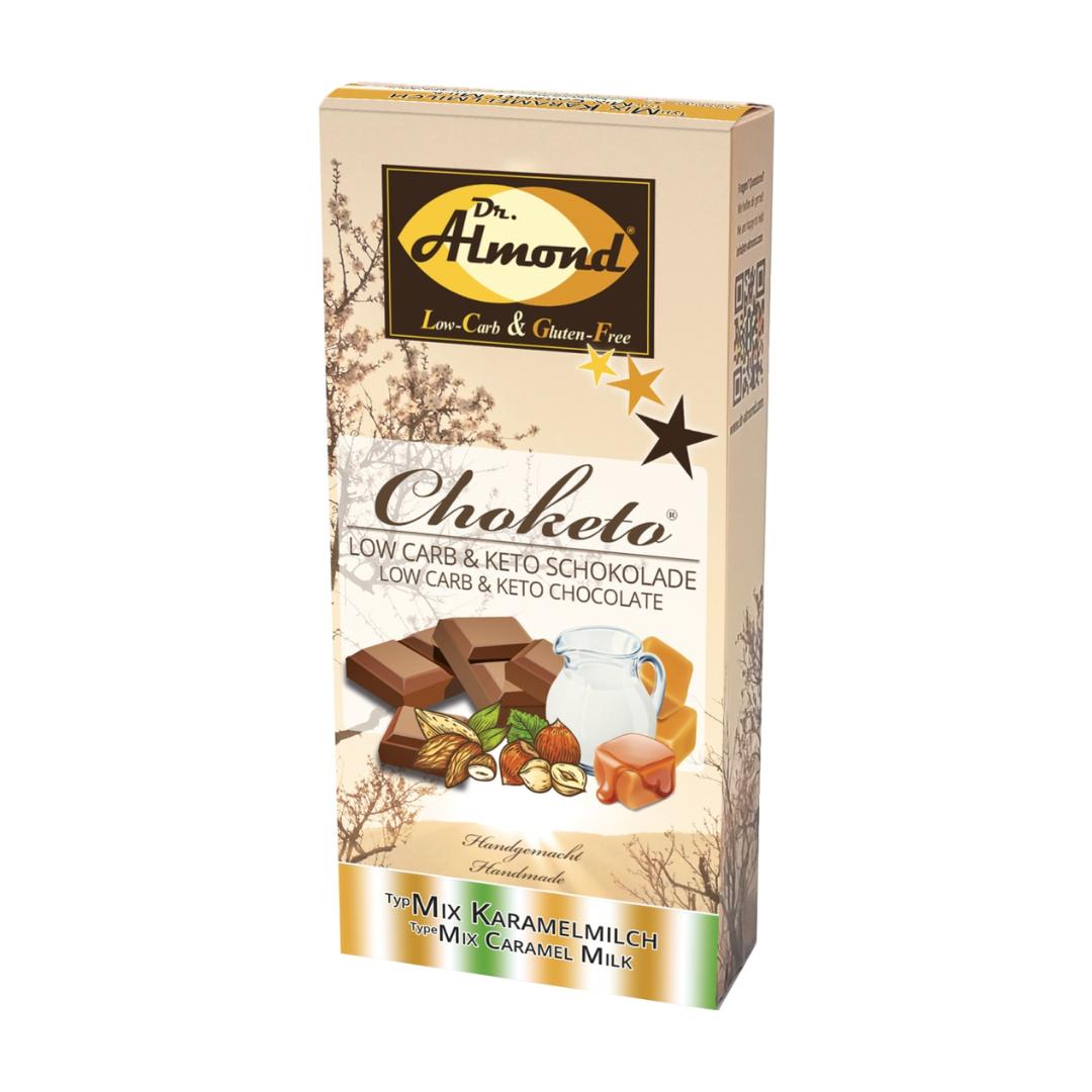CHOKETO Low Carb & Keto Schokolade MIX KARAMELLMILCH – PUR + MANDEL + HASELNUSS – 3 Tafeln – handgemacht