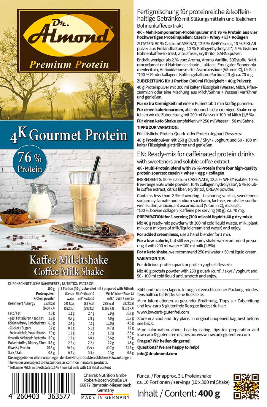 Protein KAFFEE MILCHSHAKE Mehrkomponenten Proteinshake Keto Proteinkaffee - Etikett